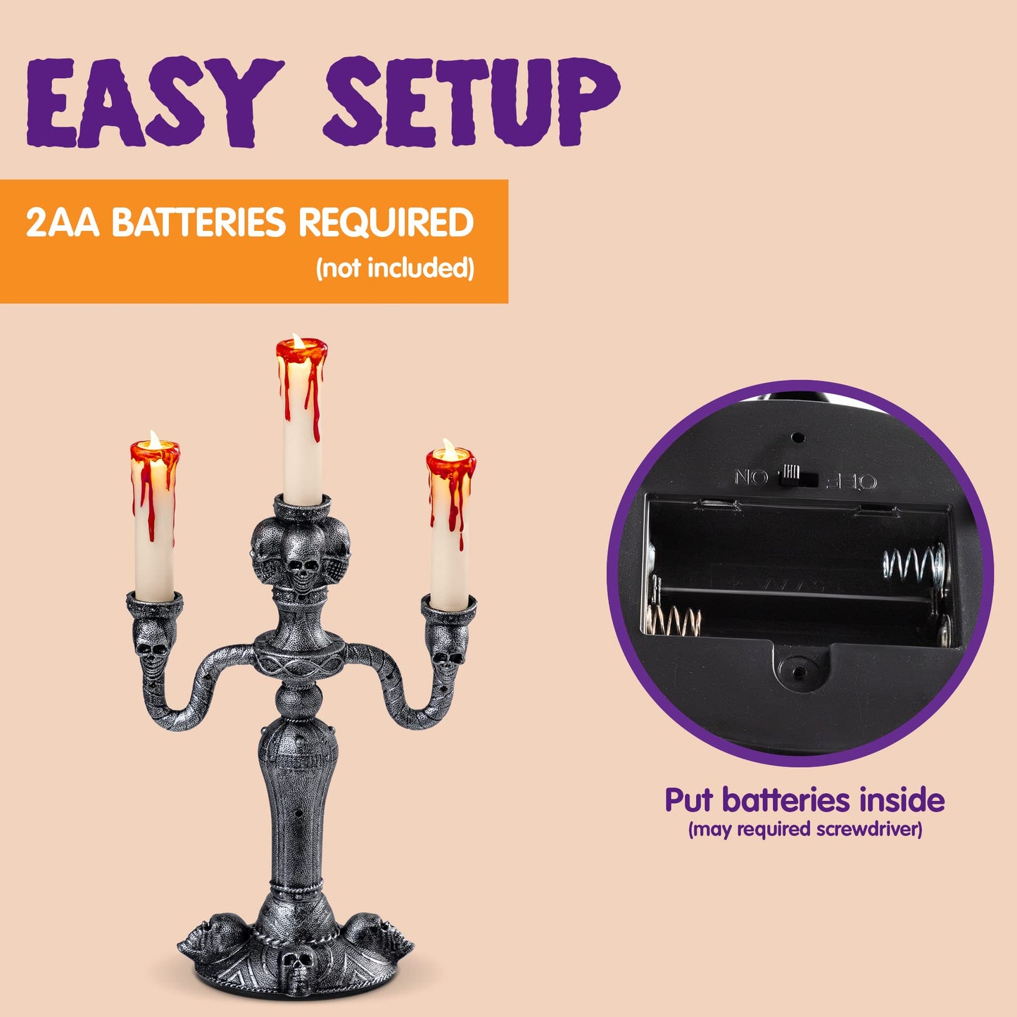 JOYIN 2 Pcs Skull Candelabra Halloween Decorations Indoor LED Lights Flameless Candles Holder, Scary Haunted House Mansion Decor for Table Home Party