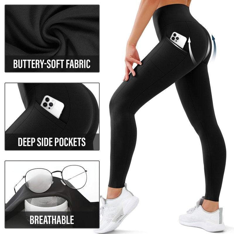 SUNCLOVE 3 Pack Leggings with Pockets for Women High Waisted Tummy Control Soft Yoga Pants Womens Workout Gym Leggings