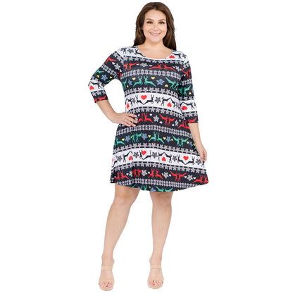ICONOFLASH Women's Plus Size Ugly Christmas Sweater Dresses with Pockets XL 3/4 Sleeves Crew Neck A Line Dress Holiday Party Black