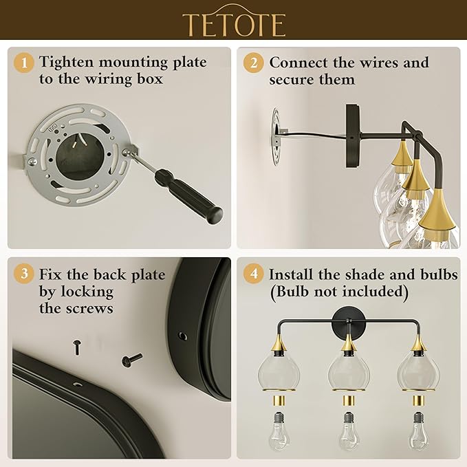 TETOTE 4-Light Modern Bathroom Light Fixtures, 4 Light Vanity Lights Over Mirror Black & Gold Wall Lamp with Clear Glass for Bathroom, Mirror, Living Room, Bedroom, Hallway