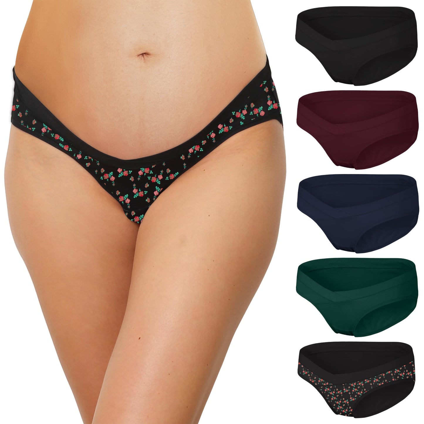 INNERSY Maternity Knickers Under Bump Cotton Pregnancy Underwear Low Cut Pants After Birth 5 Pack (10, Black/Navy Blue/Burgundy/Green/Rose Print)