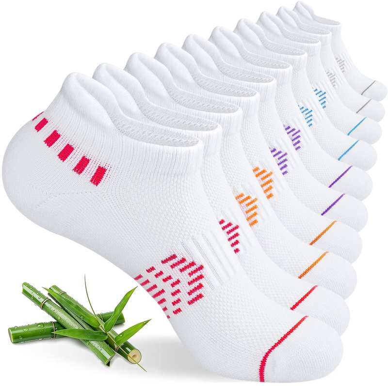 floconssy Ankle Socks for Women, Bamboo Viscose White Cushioned Running Socks Low Cut Athletic Short Footies with Heel Tab 5 Pairs Size 10-12