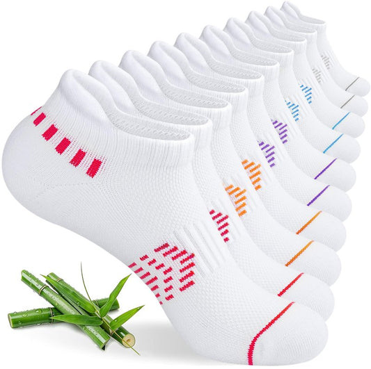 floconssy Ankle Socks for Women, Bamboo Viscose White Cushioned Running Socks Low Cut Athletic Short Footies with Heel Tab 5 Pairs Size 10-12