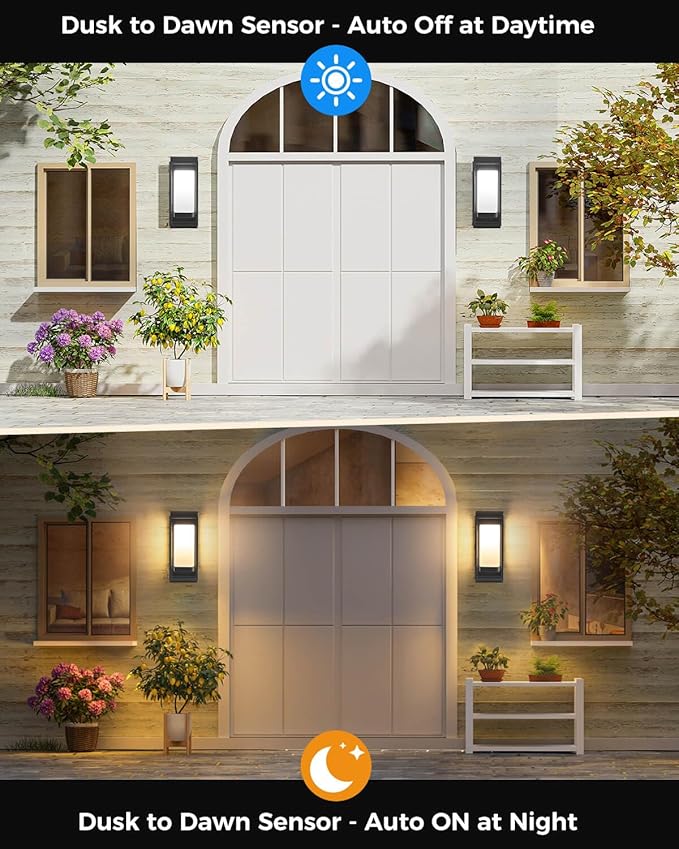 SHIMR Outdoor Wall Light with Dusk to Dawn Sensor, Black Outdoor Light Fixture with LED Bulb Included, E26 Base, Waterproof Exterior Sconce for Porch Garage Front Door