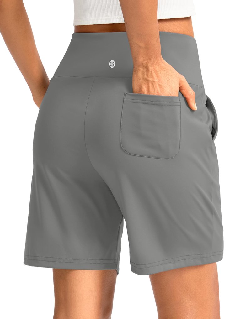 G Gradual Women's Bermuda Long Shorts with Pockets 7" High Waisted Knee Length Shorts for Women Walking Athletic Workout(Light Grey-L7,M)