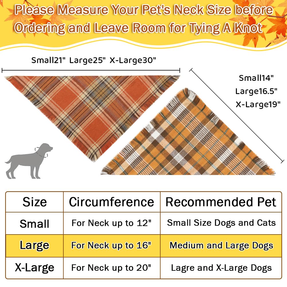 Vivifying Fall Dog Bandana, 2 Pack Halloween Thanksgiving Classic Plaid Dog Scarf with Tassels Edges, Funny Pet Apparel & Accessories Costume for Photo Prop, and Party Decor (Large, Yellow&Orange)