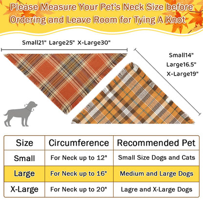 Vivifying Fall Dog Bandana, 2 Pack Halloween Thanksgiving Classic Plaid Dog Scarf with Tassels Edges, Funny Pet Apparel & Accessories Costume for Photo Prop, and Party Decor (Large, Yellow&Orange)