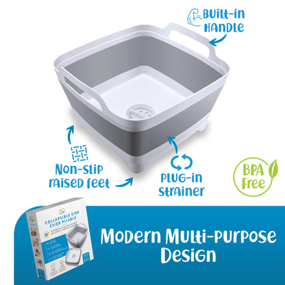Home Spirit Collapsible Sink – 9L Portable Wash Basin Tub with Handle, Plug & Strainer – For Dishes, Fruits, Veggies, Laundry & Beverages
