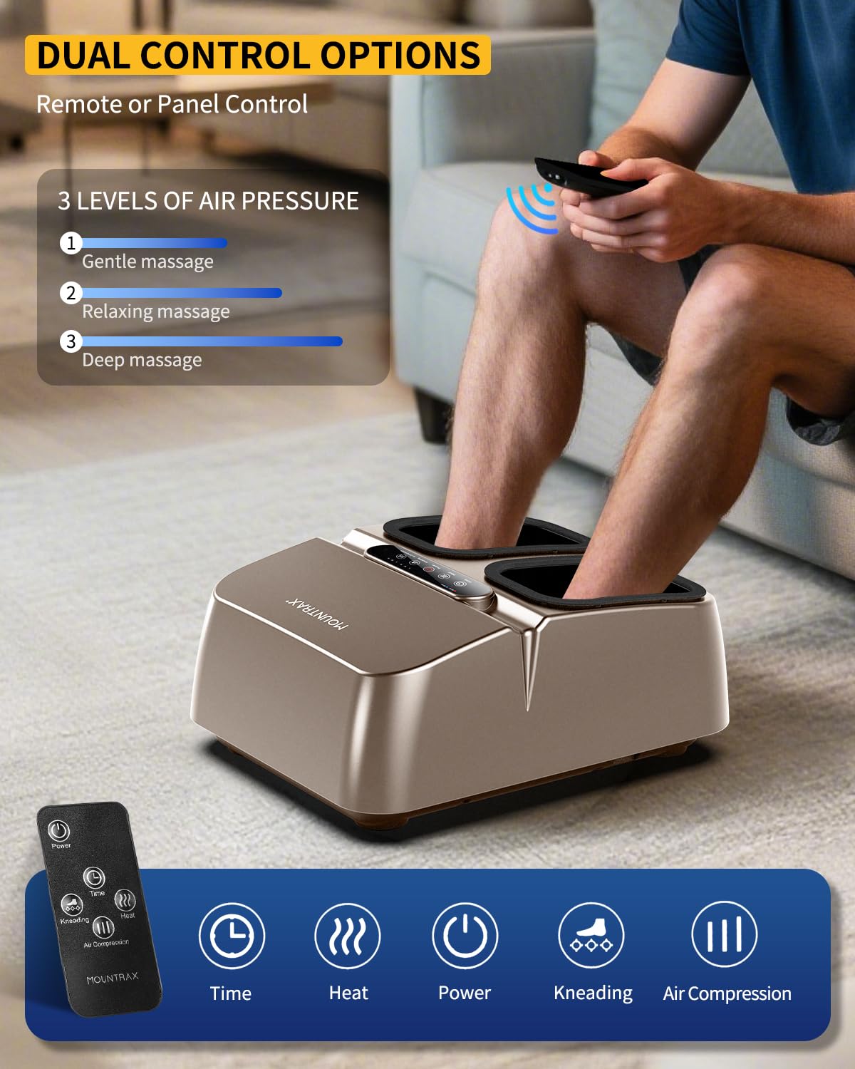 MOUNTRAX Foot Massager Machine with Heat, Foot Massager for Plantar Fasciitis, Neuropathy Pain, Shiatsu Foot Massager with Remote, Fits Feet Up to Men Size 12 (Black)
