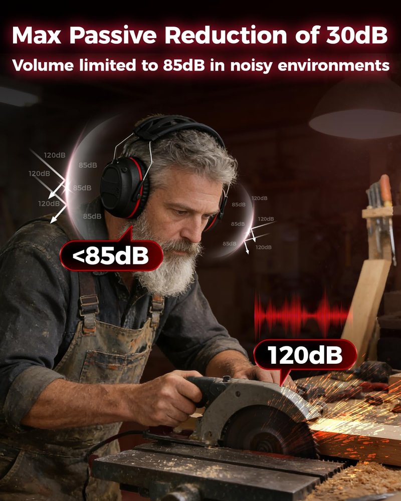 Electronic Hearing Protection with 4X Sound Amplification Earmuffs, Gel Bluetooth 6.0 Ear Protection Ear Muffs, 30dB NRR with Rechargeable 120H Playtime Earmuffs for Workshops, Mowing, Shooting Range