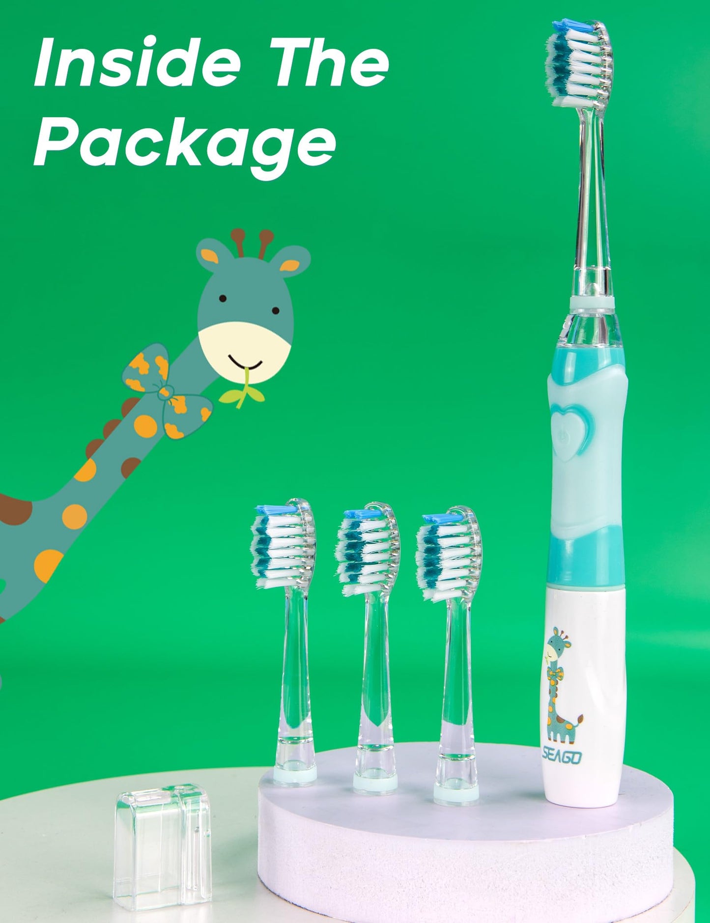 SEAGO Kids Electric Toothbrush with 2 Mins Brushing Timer and 4 Replacement Bursh Heads, Rainbow LED Light Make Brushing Fun, Boys Battery Powerd Toothbrush for 4-12 Years Old，SG-977 (Light Blue)