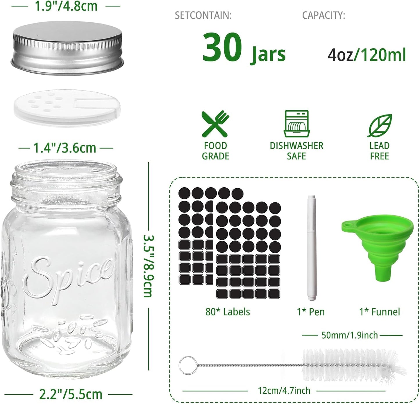CycleMore 30 Pack 4oz Glass Mason Spice Jars, Round Spice Containers with Silver Metal Caps and Pour/Sift Shaker Lids-80pcs Labels,1 Silicone Collapsible Funnel,1 Brush and 1pcs Pen Included