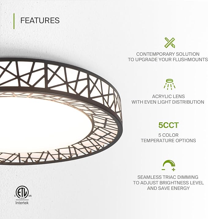 ASD 14 Inch LED Flush Mount Ceiling Light Fixture for Bedroom, 24W 1534LM 5CCT 2700K-5000K, Triac Dimmable Lights, Dining, Living Room, Kitchen Lamps, Modern Home Lighting Fixtures, Black, ETL