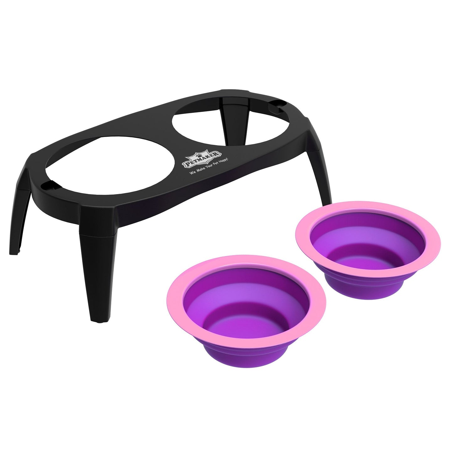 Elevated Cat and Dog Food Bowls with Non-Slip Stand - Removable and Collapsible Silicone Feeder for Food and Water - 16-Ounces Each by PETMAKER (Pink)