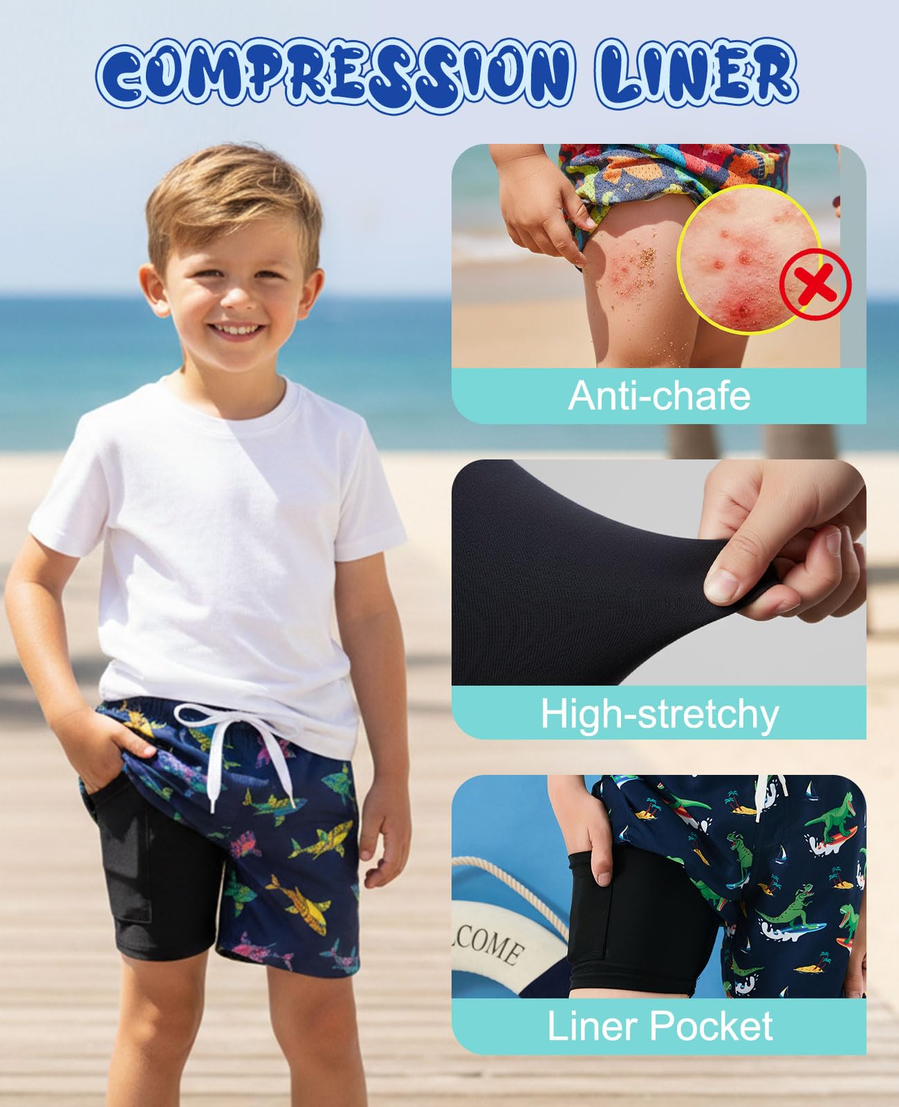 Cozople Boys Swim Trunks with Compression Lining Quick Dry Swim Shorts Swimwear Cute Shark Boxer Brief Lined Board Shorts Swimwear Size 3-4