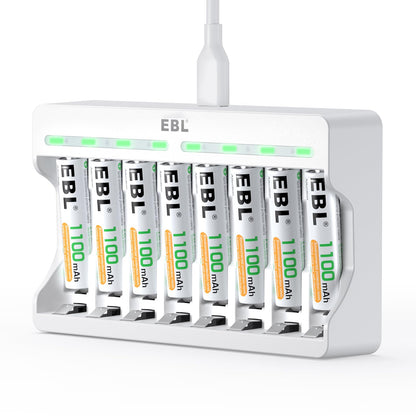EBL Rechargeable AAA Batteries 1100mAh (8 Counts) and 8 Slot AA AAA Independent Rechargeable Battery Charger with 5V 2A USB Fast Charging Function