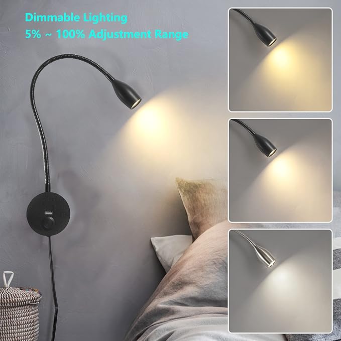 Dimmable Reading Light Plug in Wall Mounted Bedside Headboard Reading Light Task Directional Gooseneck LED Light 3W Output (Black, 120V Plug in, Warm White)