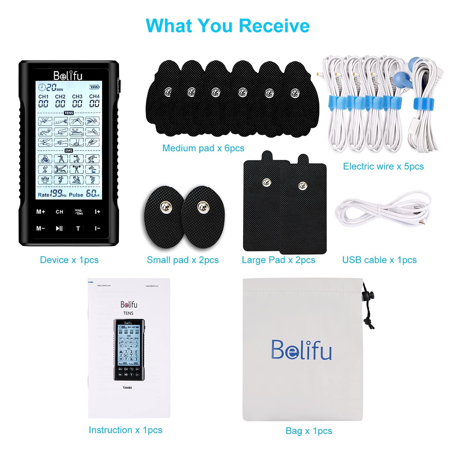 Belifu 4 Independent Channel TENS EMS Unit, 24 Modes,30 Level Intensity Muscle Stimulator Machine, Rechargeable Electric Pulse Massager with 10 Pads&5 Set Leads Wires, for Pain Relief Therapy(Black)