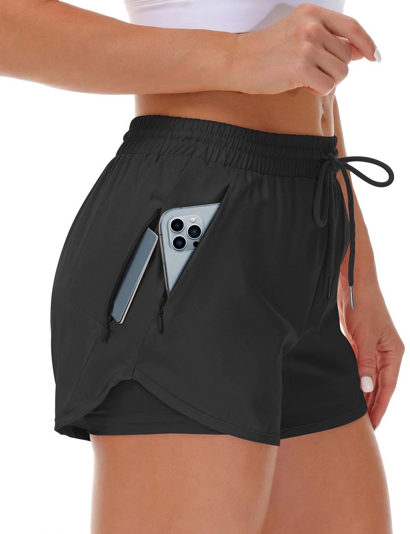 Mancreda Women's Running Shorts with Liner 3 Zipper Pockets Elastic Workout Athletic Gym Yoga Shorts(BK,XXL) Black