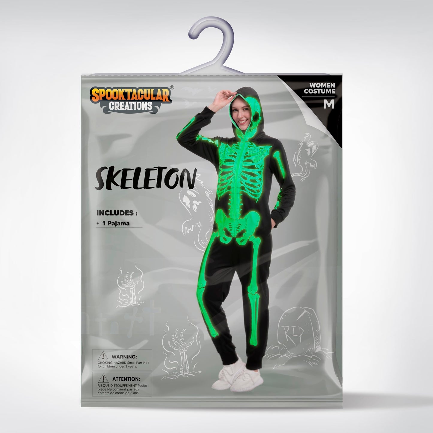 Spooktacular Creations Skeleton Costume Adult Women, Glow in the Dark Costume, Plush Skeleton Pajama Zippered Hoodie for Halloween Dress Up Parties-M