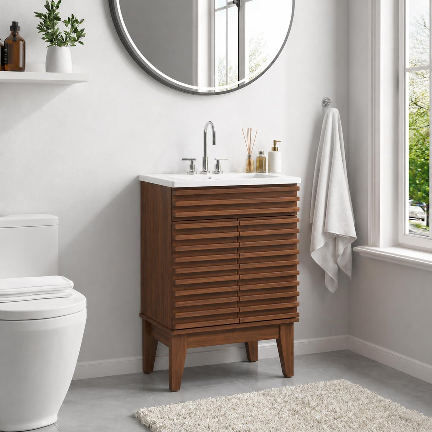 LUXEYARD 24 Inch Bathroom Vanity with Sink, Walnut Fluted Freestanding Bathroom Vanity Cabinet with Ceramic Sink Top, Solid Wood Legs, Soft Close Double Doors and Modern Storage Cabinet