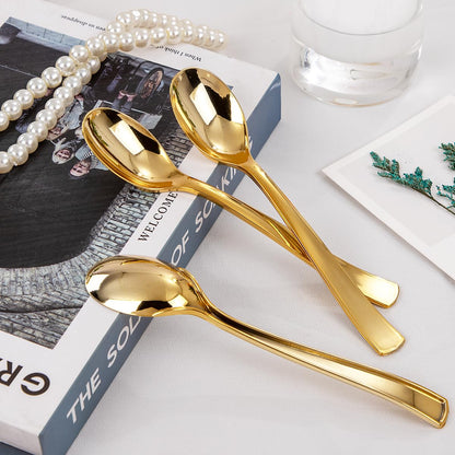 Liacere 360Pcs Plastic Spoons - 6.7 inch Heavy Duty Plastic Spoons-Heavyweight Gold Disposable Spoons-Gold Silverware for Halloween &Chrismas And Daily Using&Thanksgiving