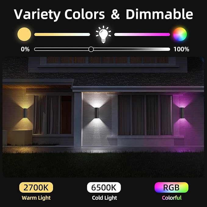 SHIMR Modern Outdoor Wall Lights Color Changing, RGBCW Smart Outdoor Lights Ambiance Sconce with Remote Control, Black Aluminum Exterior Lighting Fixtures Up and Down Lights [ETL Listed]