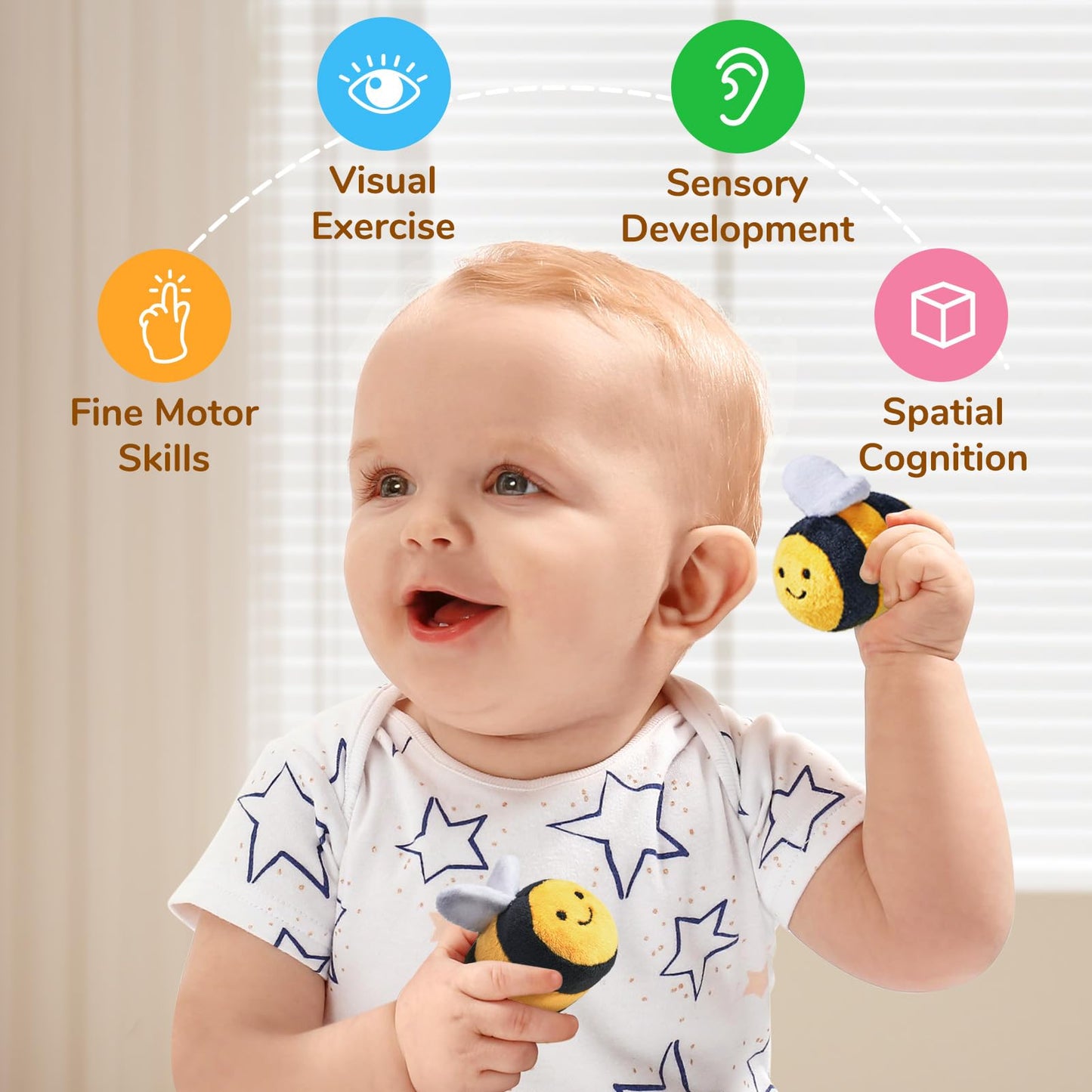 JoyCat Baby Toys 6-12 Months - Soft Baby Beehive with 5 Sensory Bees - Rattle, Crinkle Paper, Squeaker, Mirror, Busy Montessori Soft Toys for Toddlers 0-3 Years Old - Baby Christmas Birthday Gift