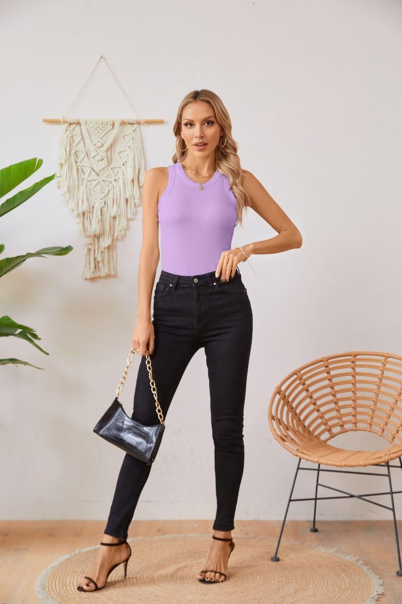 VICHYIE Women Tank Tops Summer Sleeveless Basic Cami Top Shirt Slim Knit Ribbed Racerback Blouses (Medium, P-Purple)