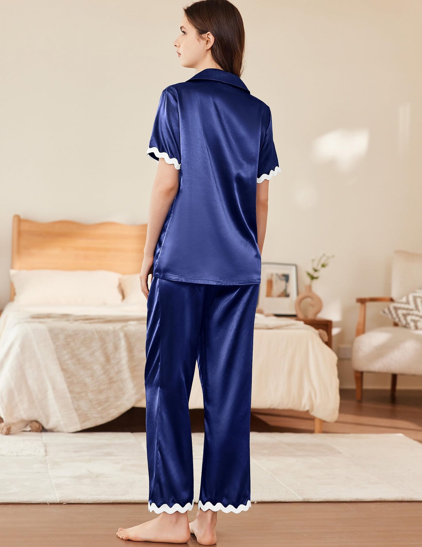 Ekouaer Womens Silk Satin Pajamas Set Button Down 2 Piece Pjs Short Sleeve Long Pants Sleepwear Lounge Set, Navy Blue, XL