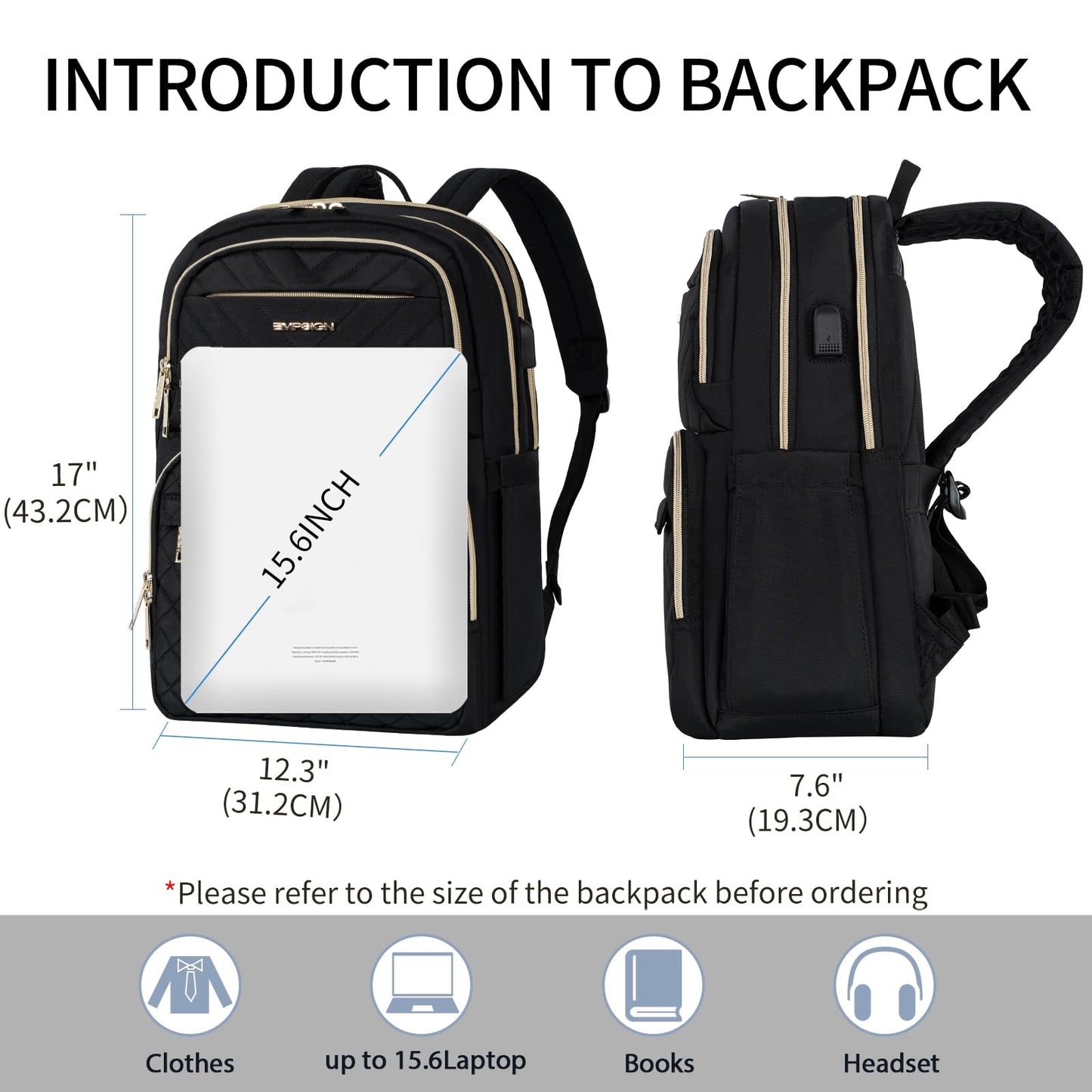 EMPSIGN Womens Backpack Laptop Backpack for Women with USB Charging Port, 15.6 Inch Travel Water Resistant Quilted Backpack, High-Capacity 30L Work Business Computer Backpack, Black