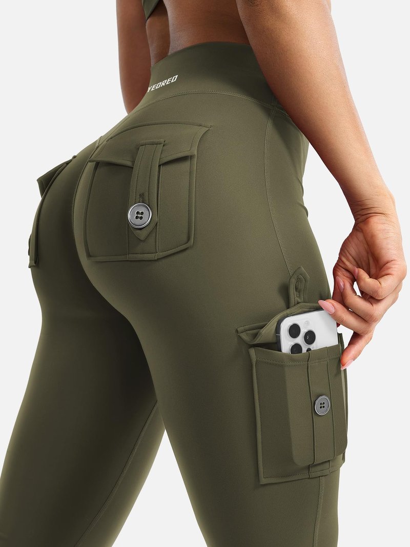 YEOREO CoreFlex Women Workout Flare Leggings with Pockets Hidden Scrunch High Waisted Cargo Gym Yoga Leggings Army Green XXL