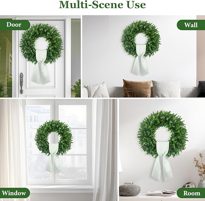 Boxwood Wreaths for Front Door 18-20'', UV Resistant Leaves with White Flower Core, Artificial Green Wreath with a Sash for Farmhouse Wedding Outdoor Indoor Hanging Decor All Seasons