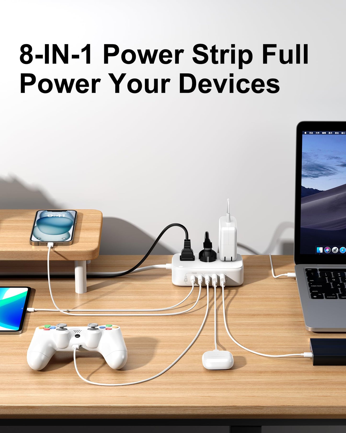 Portable USB Power Strip with 65W PD Fast Charging, 7-in-1 Flat Plug 3 USB-C 2 USB-A Ports 2500W AC Outlets, 175W Total Extension Cord for Home/Office/College/Travel (White)