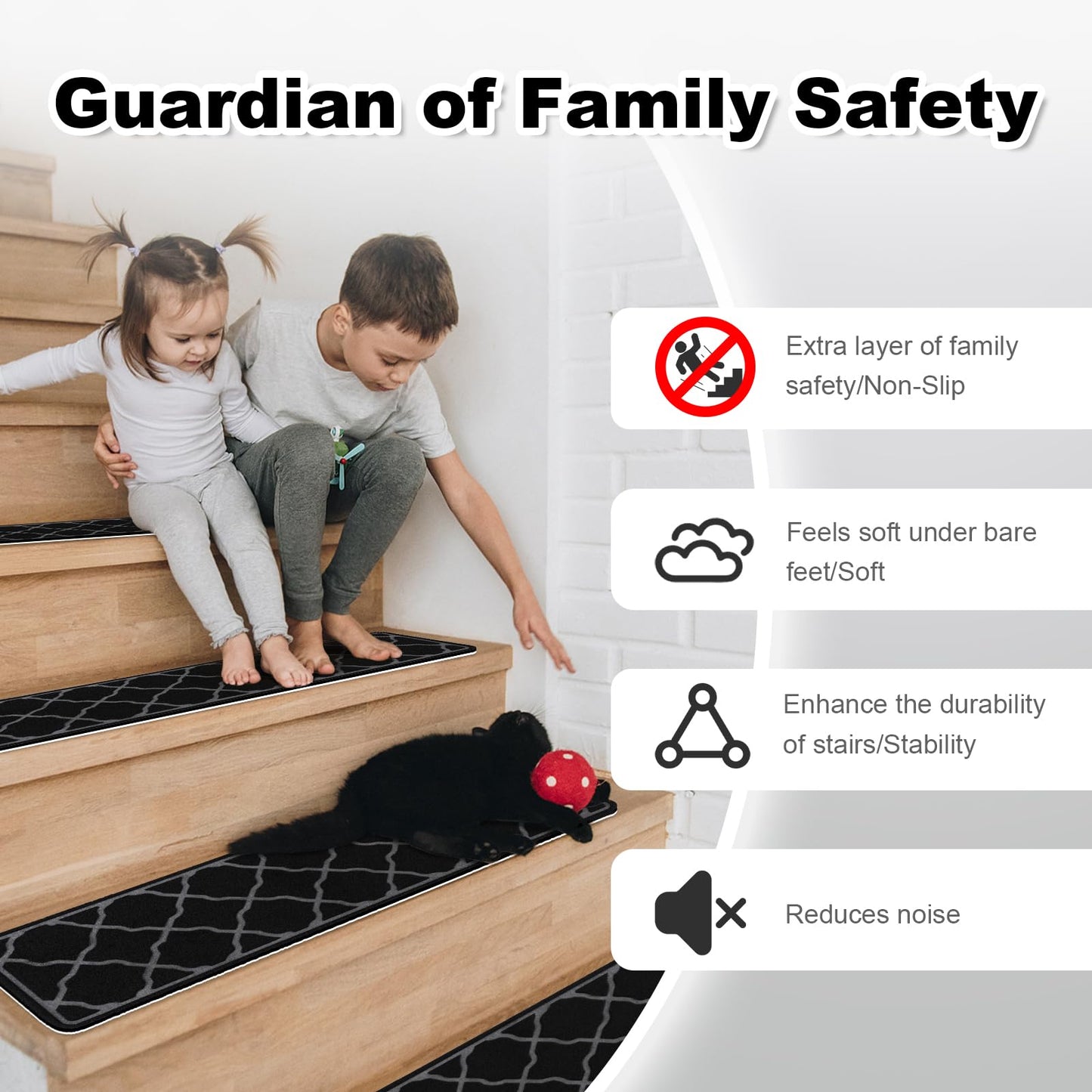 Stair Treads Non-Slip Carpet Indoor, 15 Packs 30X8in Stair Carpet Runners for Wooden Steps with Reusable Adhesive for Kids Elders, and Dogs, 100% Polyester Surface TPR Backing Stair Rugs, Black
