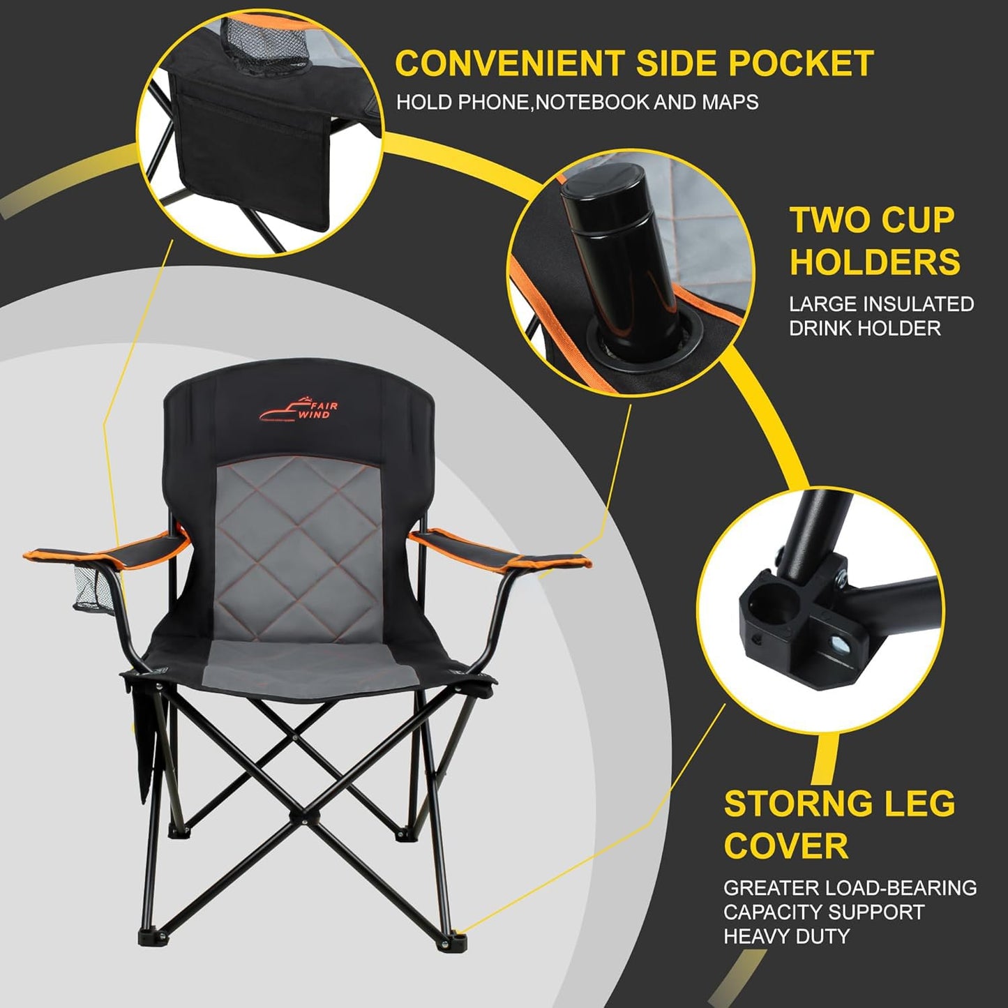 FAIR WIND 2 Pack Oversized Fully Padded Camping Chair Heavy Duty Quad Fold Arm Chair Support 350 LBS with Cup Holder, Collapsible Lumbar Back Chair Portable for Outdoor, Black