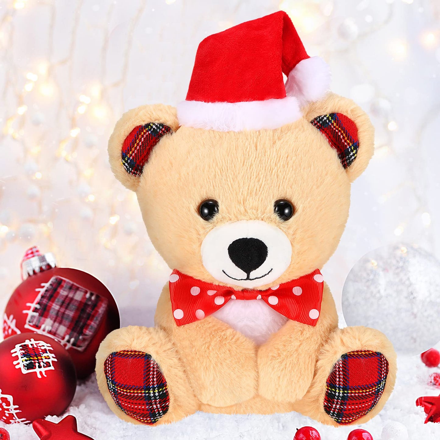 Threan 8 Inch Christmas Stuffed Animal Christmas Plush Doll with Santa Hat for Holiday Decoration Winter Gifts(Little Bear Style)