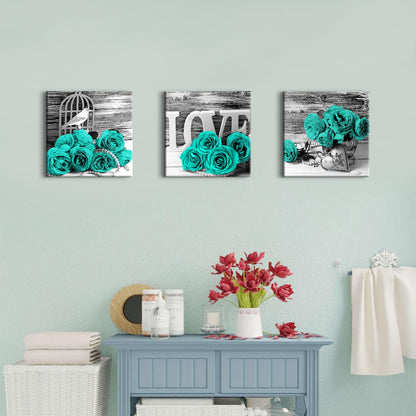 Teal Bathroom Wall Decor Turquoise Teal and Grey Rose Wall Art for Bedroom Living Room Accessories Love Sign Aqua Green Flower Pictures Floral Poster Canvas Artwork Kitchen Home Decoration 12x12" 3