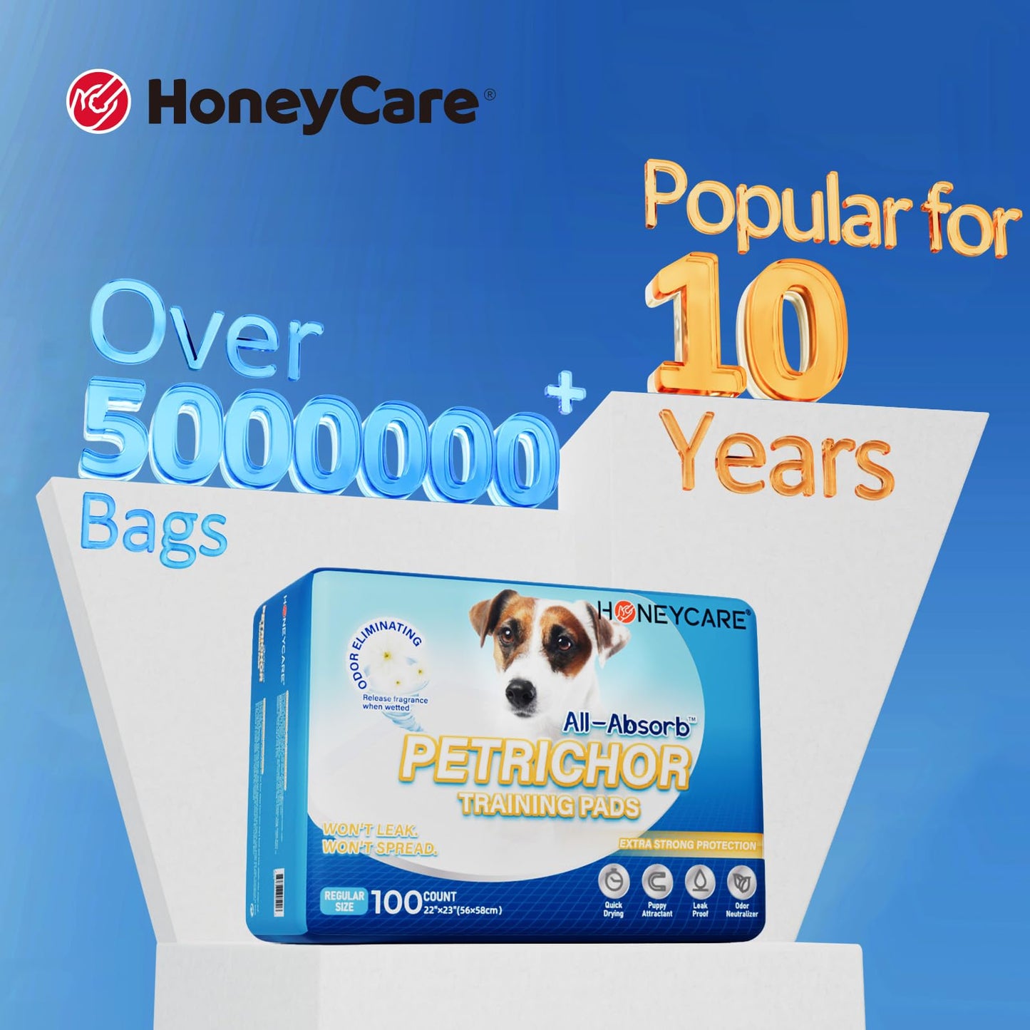 HONEY CARE All-Absorb Training Pads 100-count, Dog and Puppy Training Pads, Ultra Absorbent and Odor Eliminating, Leak-Proof 5-Layer Potty Training Pads with Quick-Dry Surface, Blue, A01
