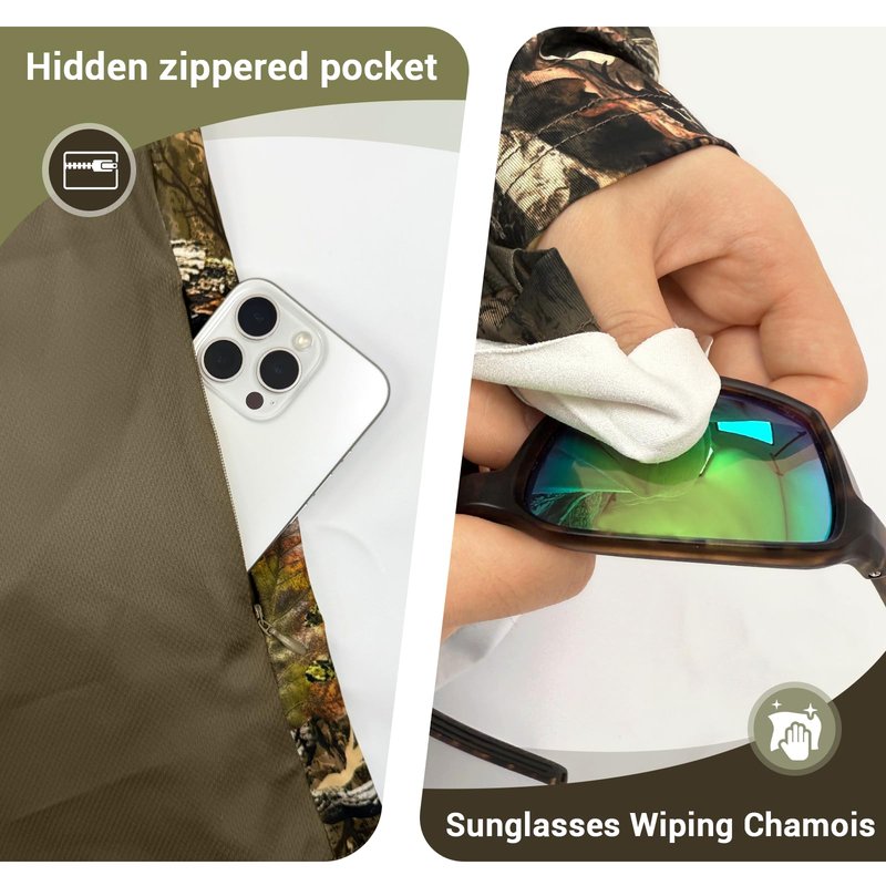Huntrex Men's Camo Hunting Shirt with Zipper Pocket – UPF 50+ Fishing Shirts Sun Protection Long Sleeve Quick-Drying (Misty Thicket,L)