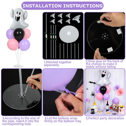 Halloween Ghost Party Balloons Stand Kit 2 Sets with 2 White Ghost Foil Balloons Pink Black and Purple Balloon Centerpiece for Tables for Trick or Treat Baby Shower Horror Birthday Party Decorations