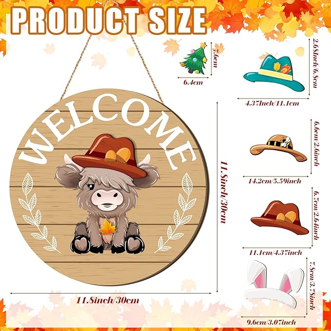 35 Pcs Christmas Interchangeable Highland Cow Welcome Sign Highland Cow Seasonal Wooden Hanging Door Decor Thanksgiving Farmhouse Hanging Sign for Front Door Xmas Party Decoration Gift(Brown)