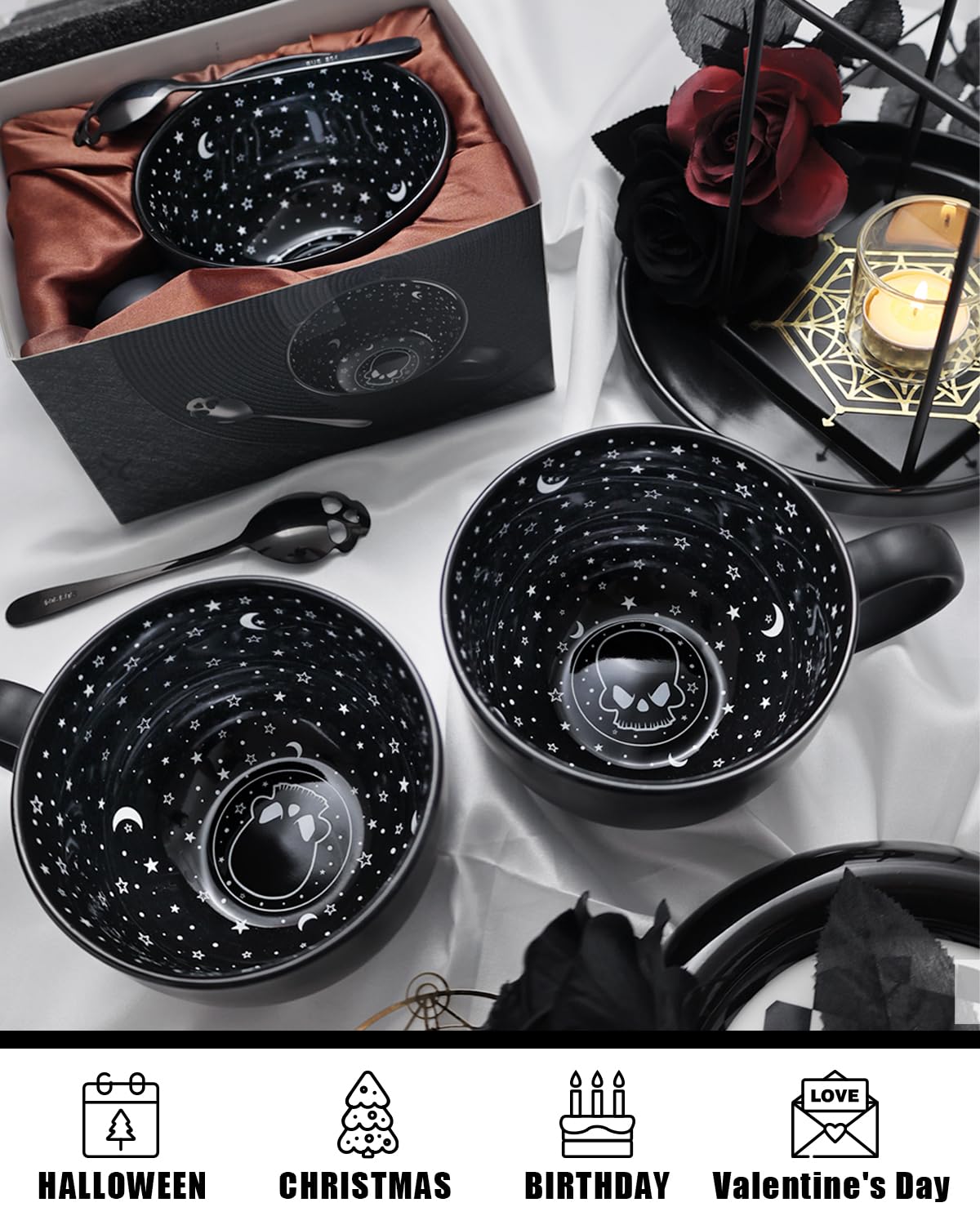 Taruzil Midnight Skull Coffee Mugs with Spoons, Halloween Christmas Birthday White Elephant Gifts for Adult Women Men Friends, Spooky Witchy Gag Fun Gifts Gothis Decor Novelty Tea Cups