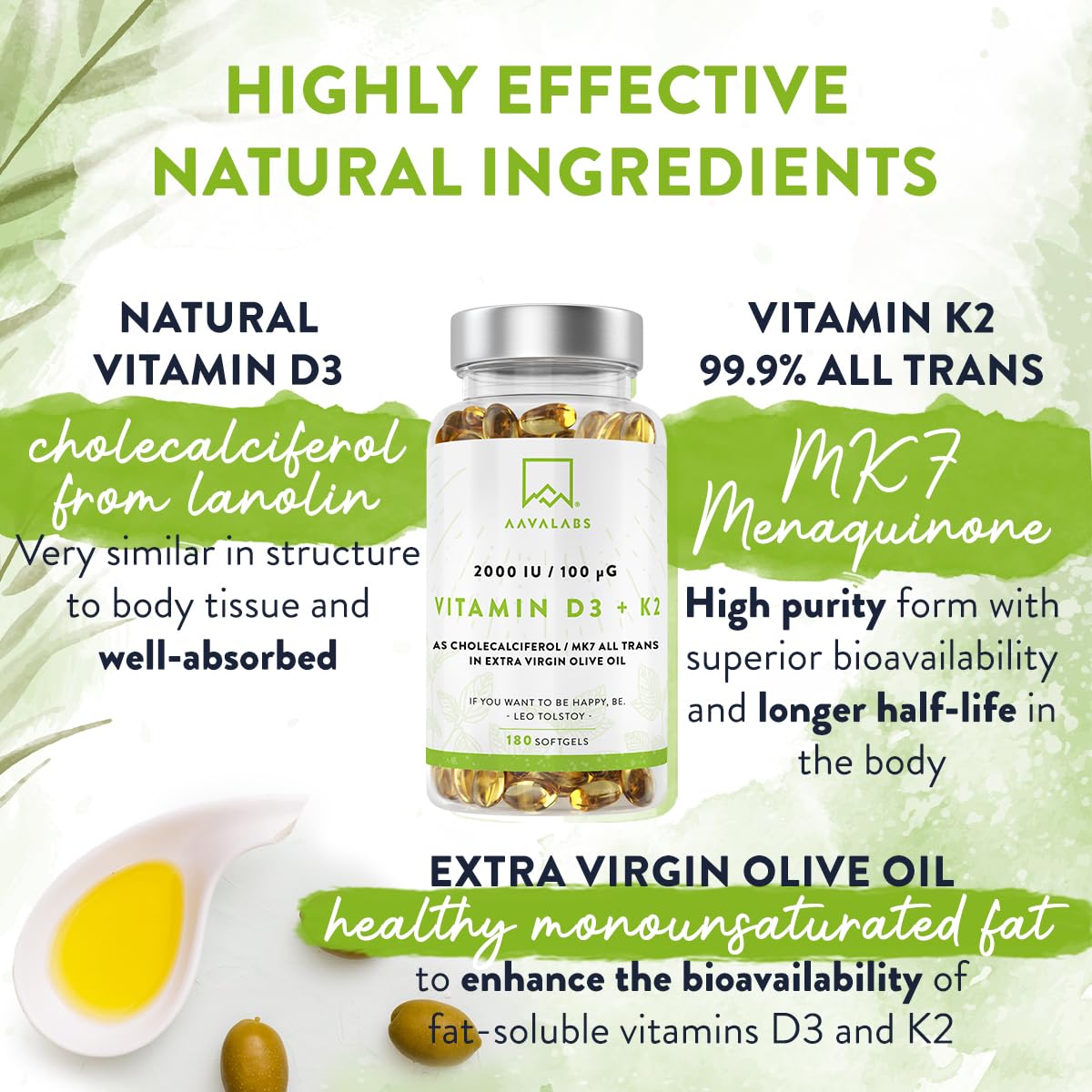 Vitamin D3 K2 MK7 (99.9% All-Trans) with Extra Virgin Olive Oil - 180 Softgels D3 and K2 Vitamin Supplements