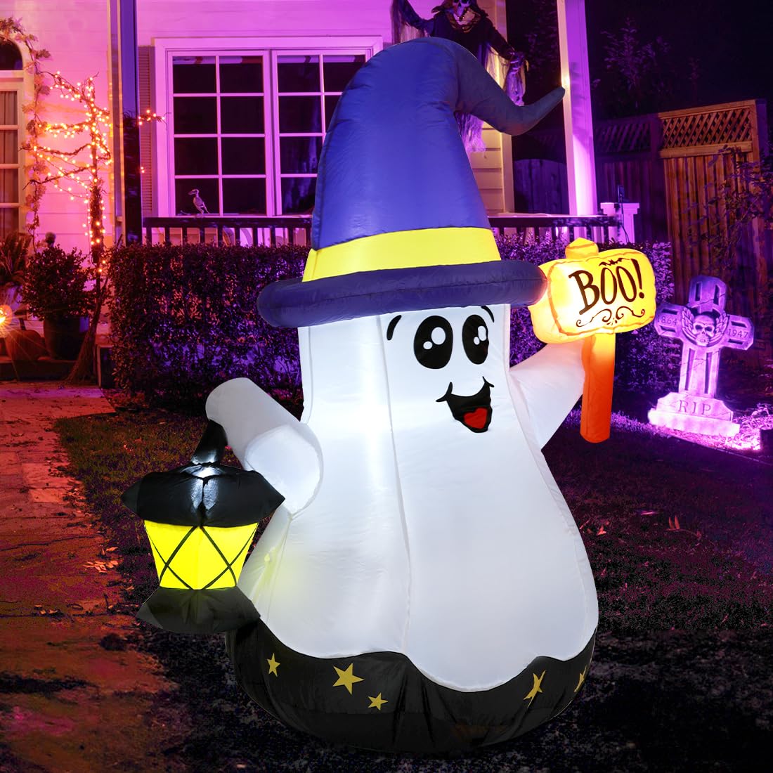 GOOSH 5 FT Halloween Inflatables Ghost Outdoor Decorations Blow Up Yard Cute Wizard Ghost with Hand-Held Light with Built-in LEDs for Garden Lawn Indoor Party Decor