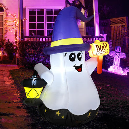 GOOSH 5 FT Halloween Inflatables Ghost Outdoor Decorations Blow Up Yard Cute Wizard Ghost with Hand-Held Light with Built-in LEDs for Garden Lawn Indoor Party Decor