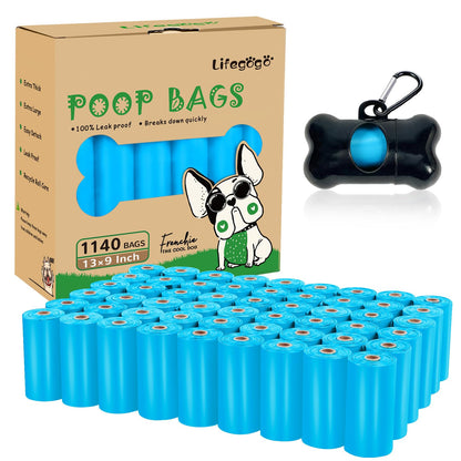 Dog Poo Bags - 1140 Counts Dog Poop Bags Rolls with Dispenser, Unscented Poo Bags for Dog, Extra Thick Strong Leak Proof Dog Waste Bags, Blue - 57 Rolls (13 x 9 Inches)