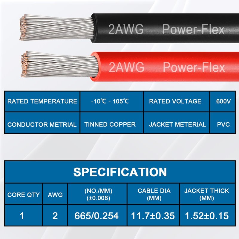 2 Gauge Marine Wire, 2 AWG Tinned Copper Electrical Wire, Boat Cable for Automotive, Solar, Car Audio, Trailer, Camper & Marine Wiring(2 AWG, 5FT Red + 5FT Black)