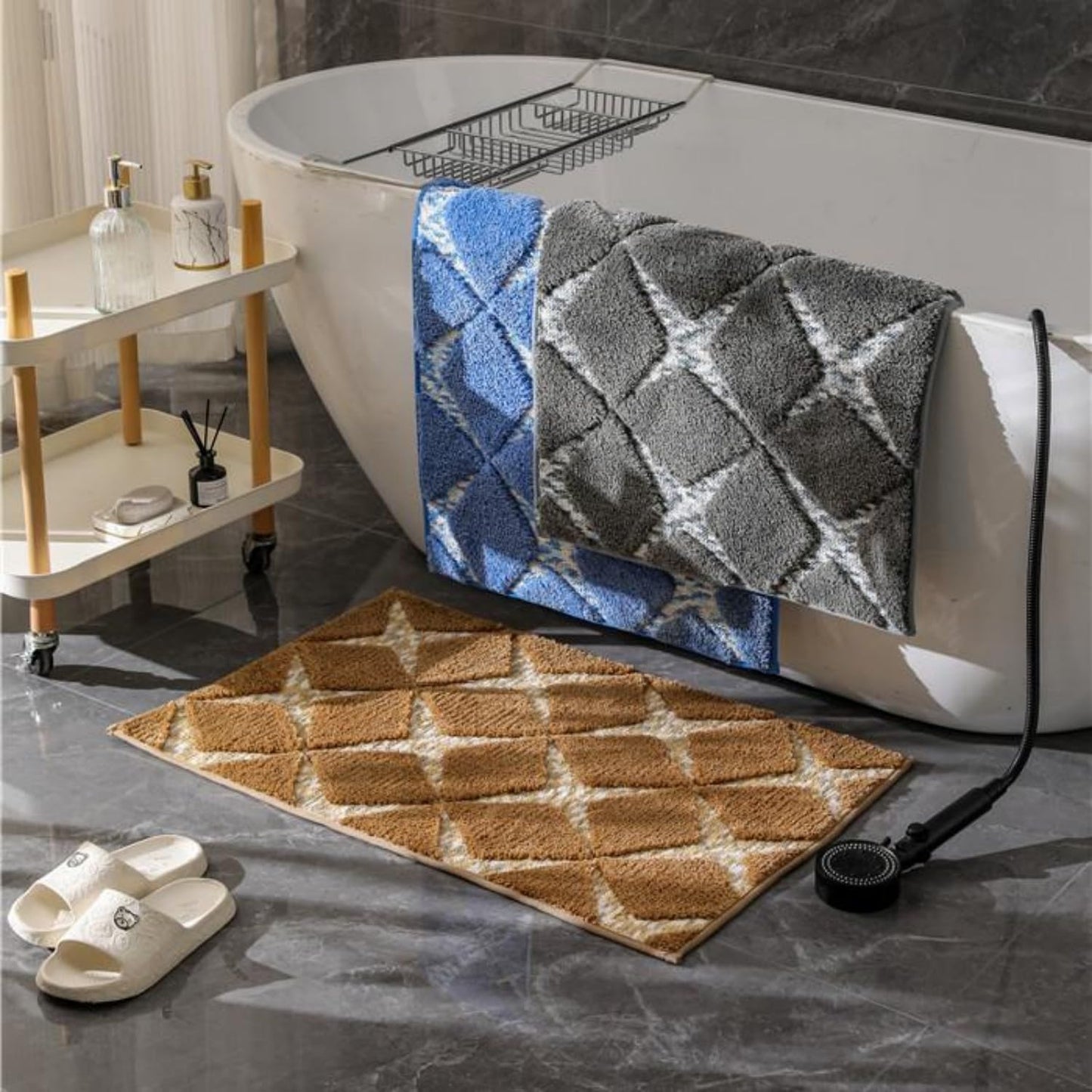 VivaNest 3D Luxury Rhombus Charcoal Grey Ombre Geometric Bathroom Mat, 20"x32" Extra Soft and Absorbent Microfiber Bath Rug, Non-Slip TPR Back, Plush Shaggy Bath Carpet for Floor