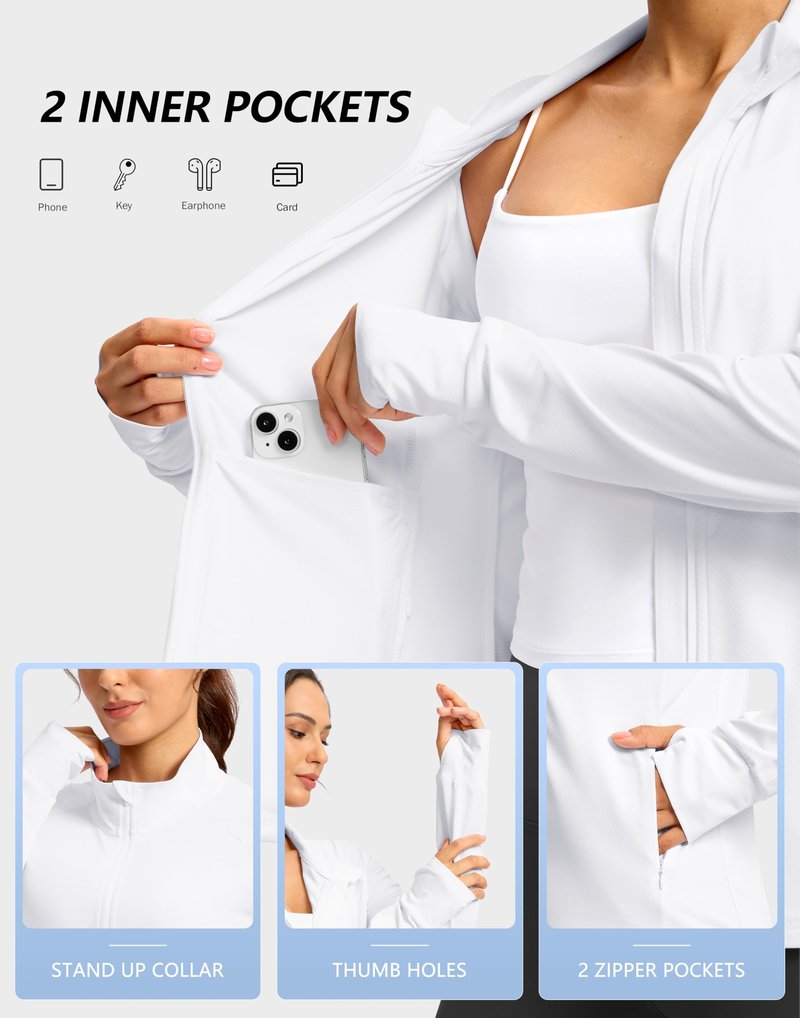 G Gradual Women's UPF 50+ Lightweight Athletic Jacket Sun Protection Zip Up 4 Pockets Long Sleeve Shirts Workout Running, White, L